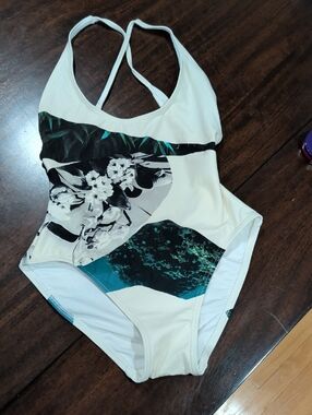 Proenza Cream One-Piece Swimsuit with Floral & Teal Graphic
